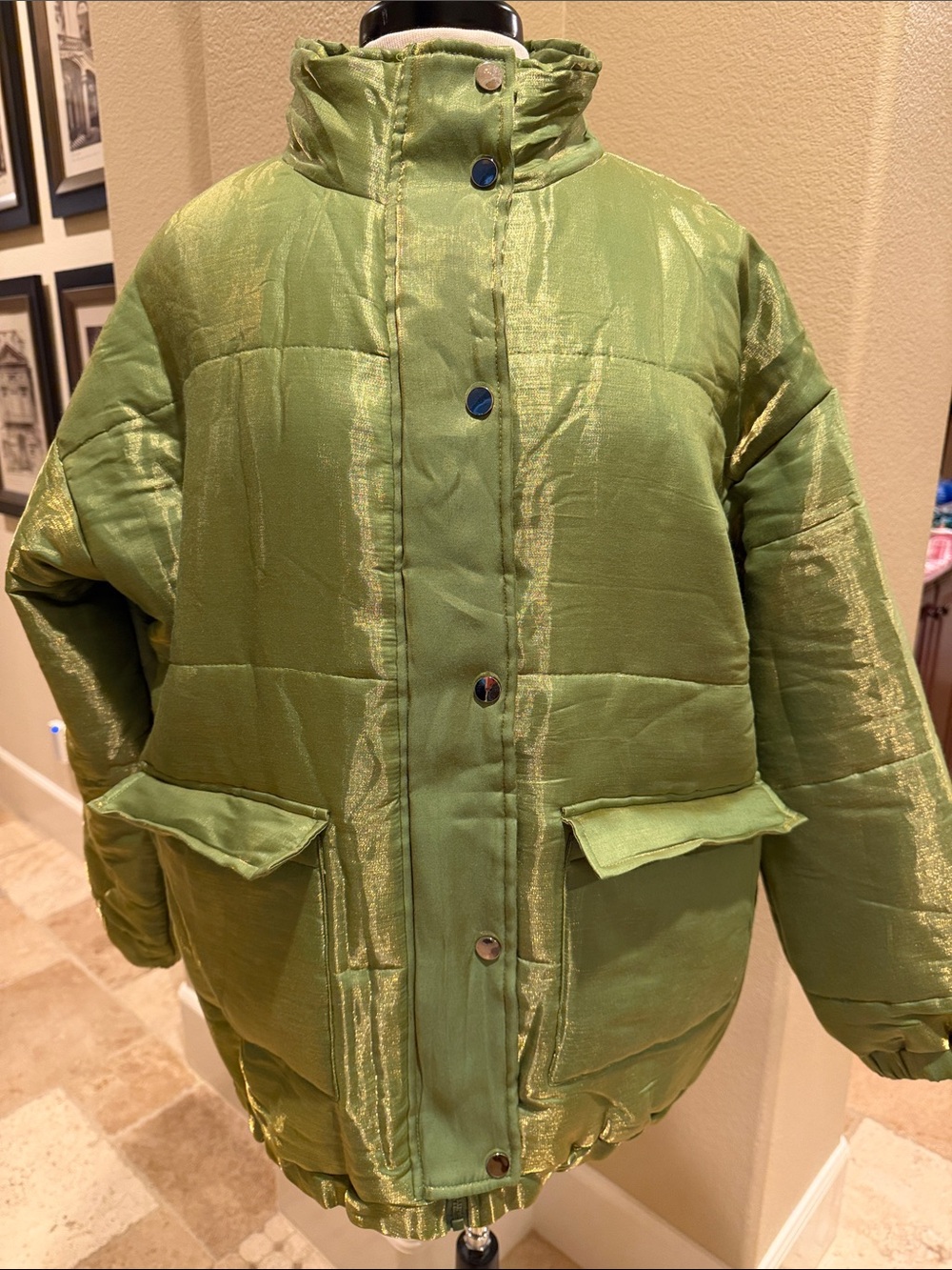 Daisy Street Green with Gold Shimmer Puffer Jacket